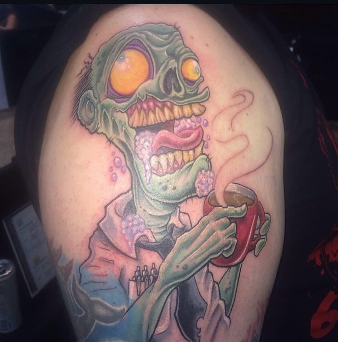 Vibrant zombie caricature clutching a steaming mug.
