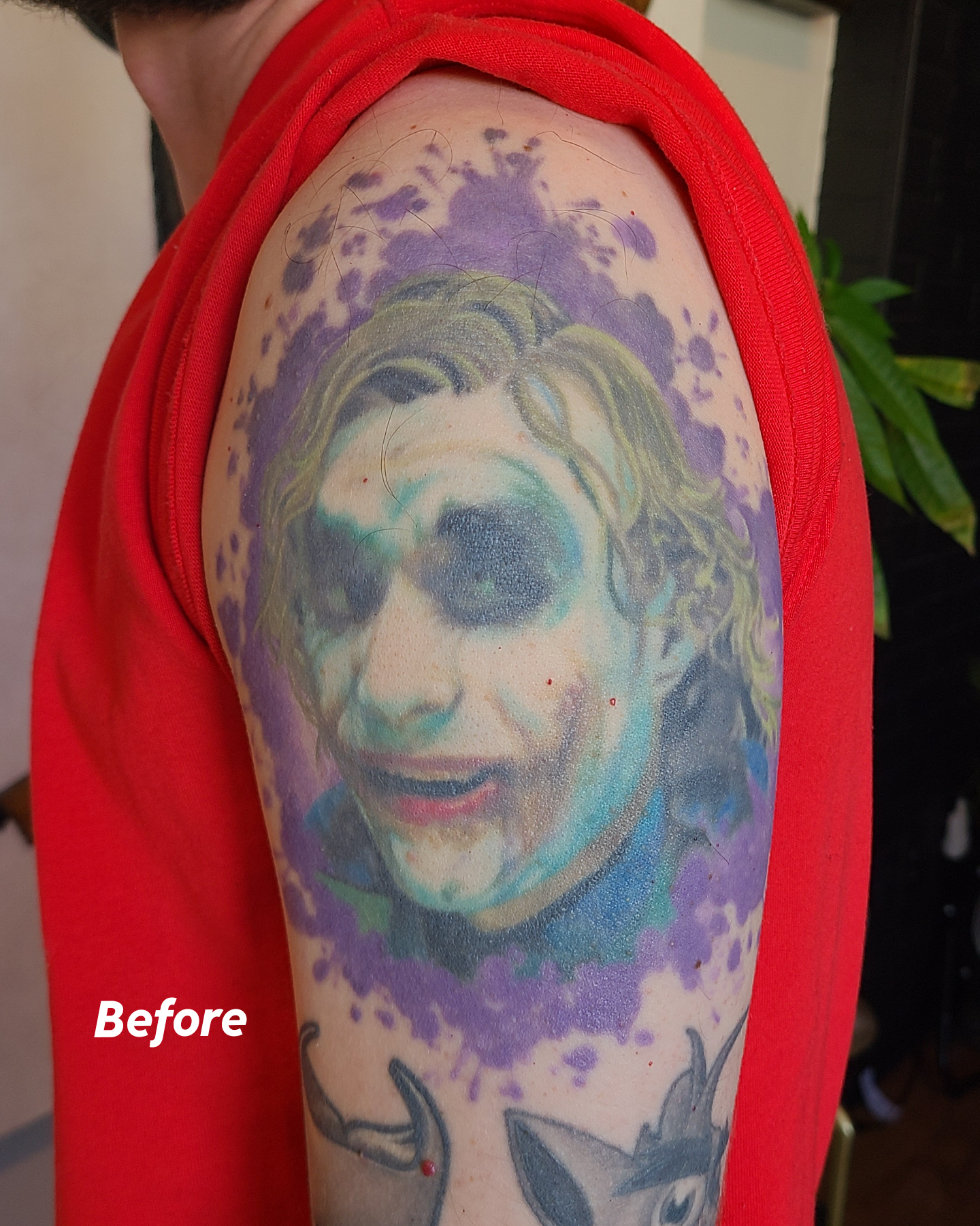 Watercolor Joker portrait with green hair and purple wash