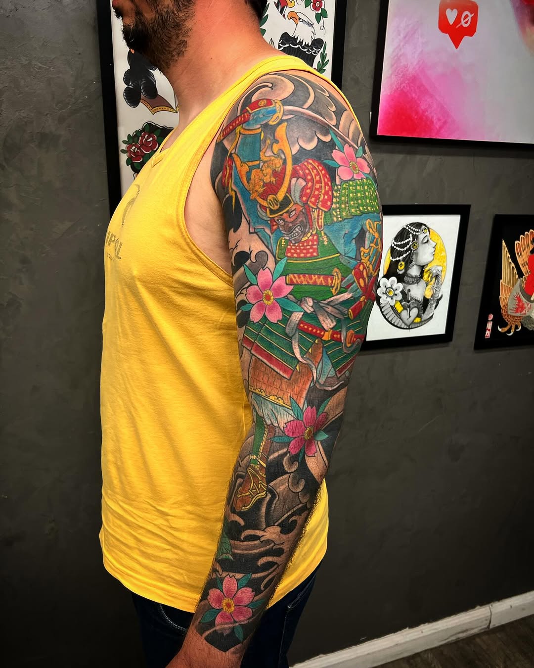 Vibrant Japanese samurai sleeve with pink cherry blossoms