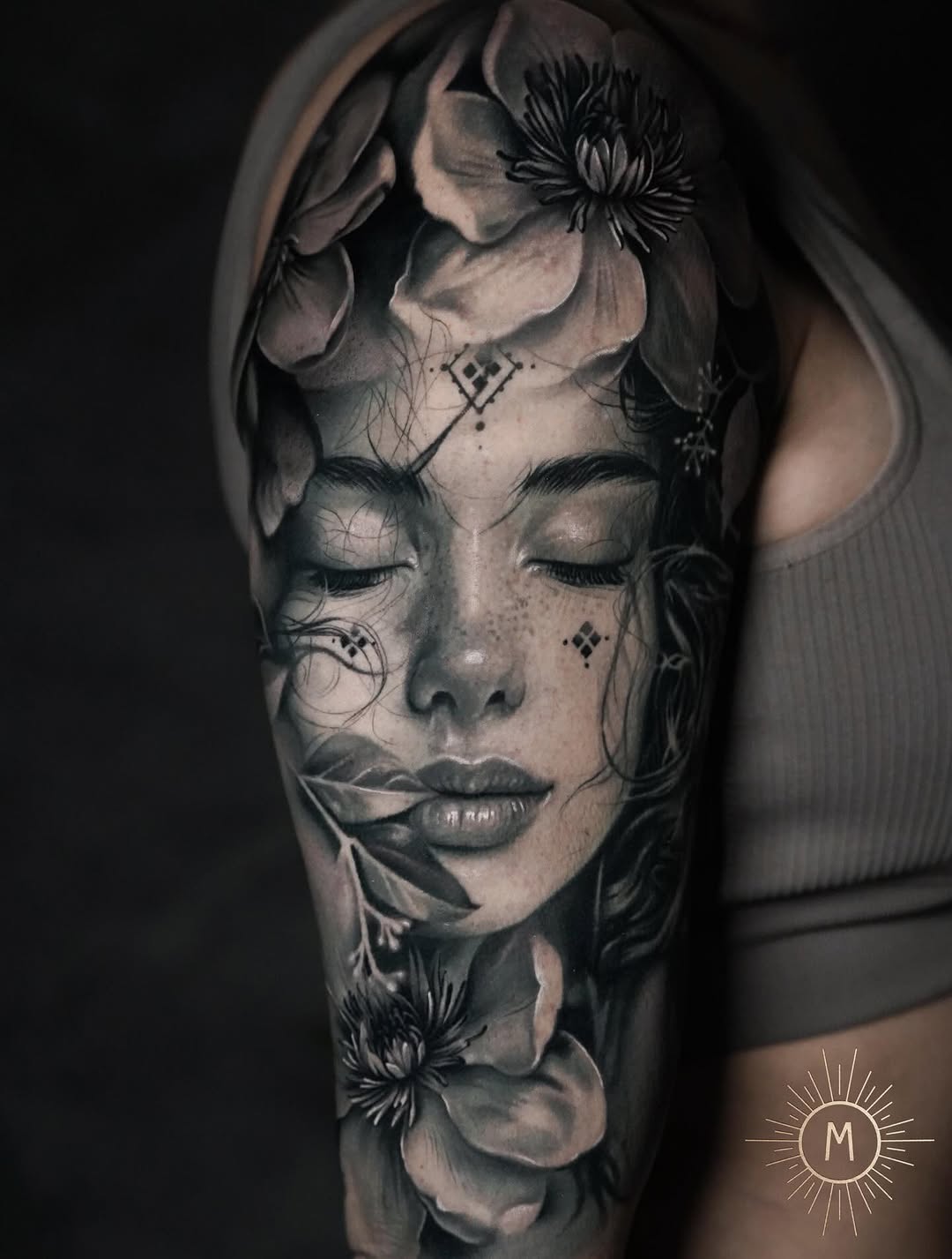 Hyper-realistic female portrait framed by blooming petals