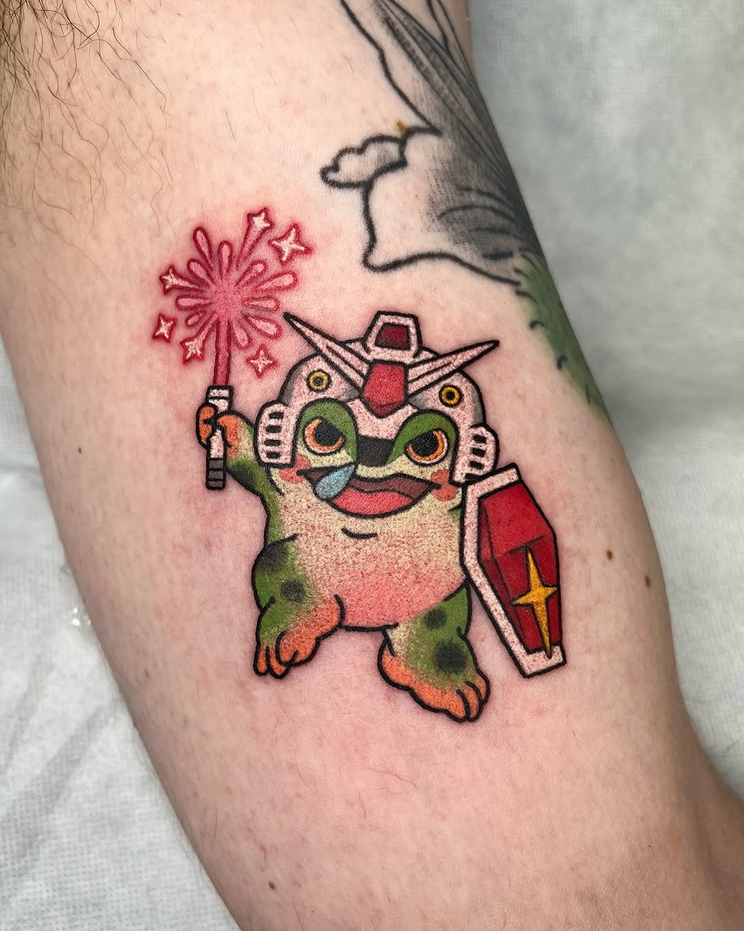 Cheerful frog-mecha with sparkler and shield