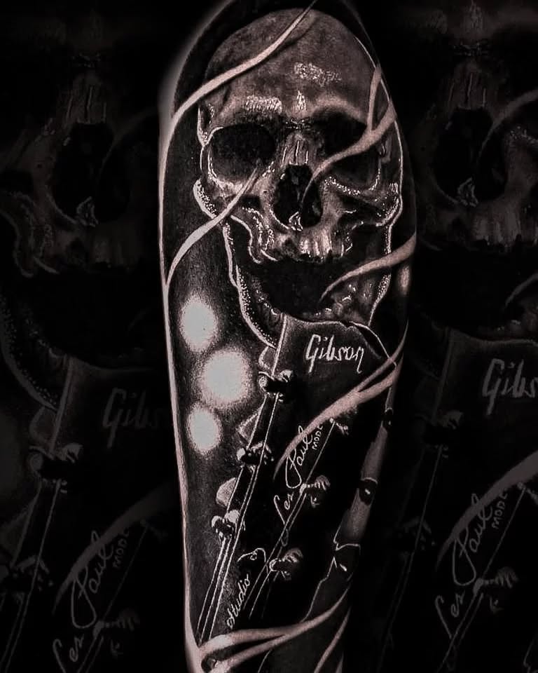 Hyper-detailed black-and-gray skull entwined with Gibson Les Paul neck