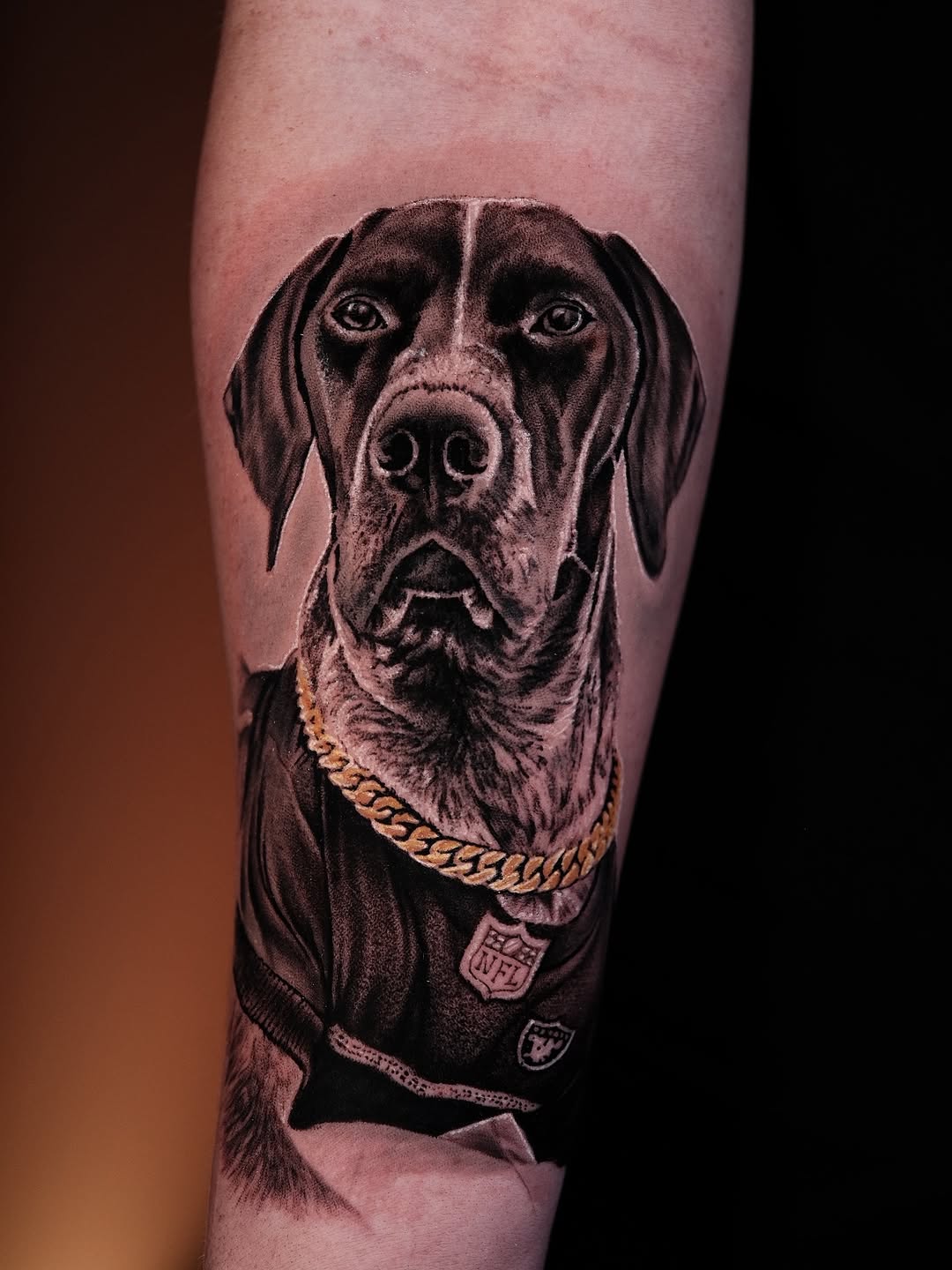 Hyper-detailed dog portrait in grayscale with gold chain