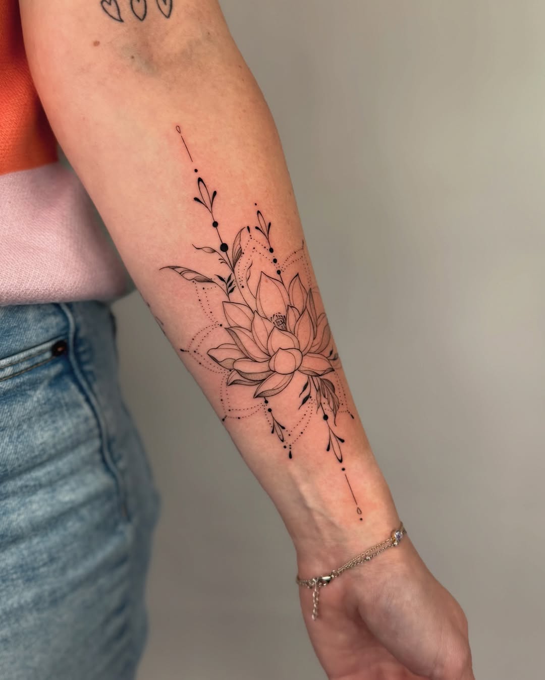 Intricate lotus blossom with fine-line, dotwork details