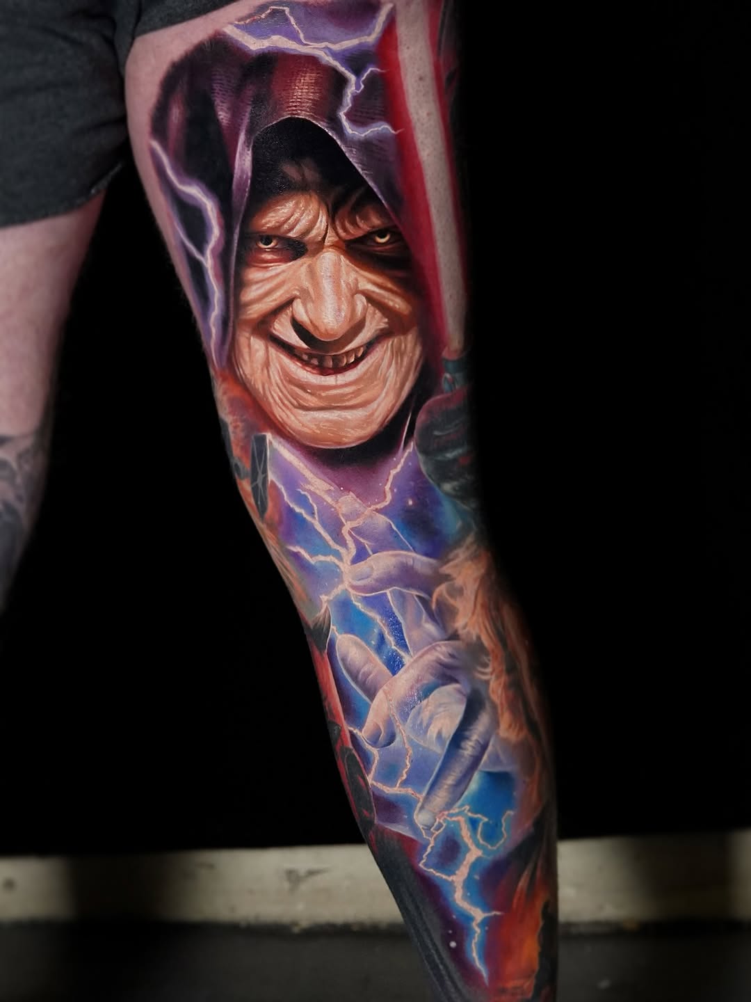 Hyper-realistic Darth Sidious portrait with electric lightning