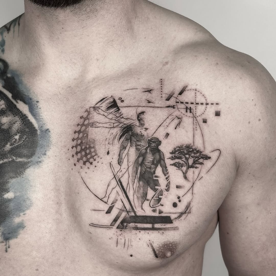 Geometric blackwork ape figure amid abstract landscape.