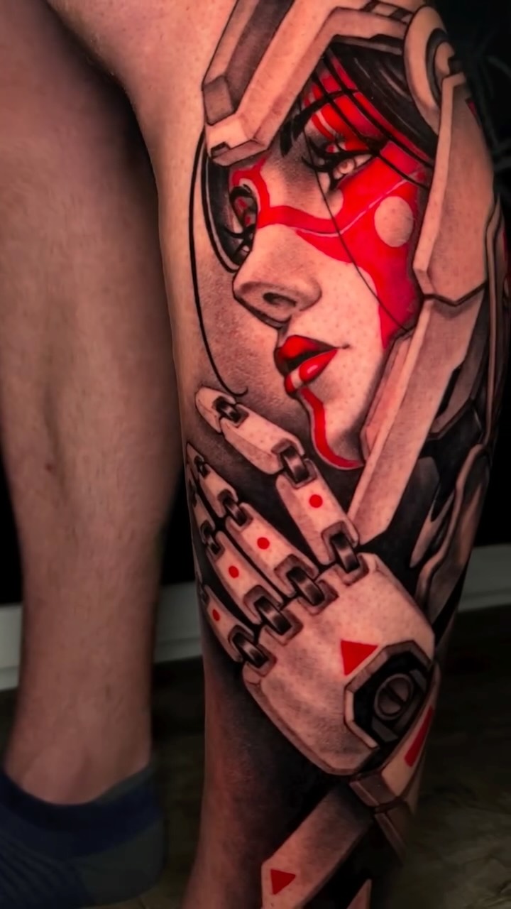 Feminine portrait with red mask and cybernetic chain sleeve