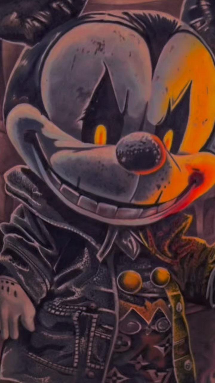 Bold Mickey Mouse portrait in gritty denim jacket