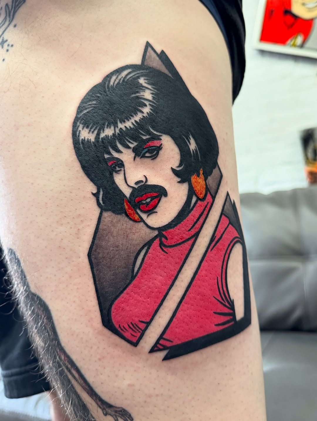 Graphic pop-art portrait with crisp black outlines and red clothing