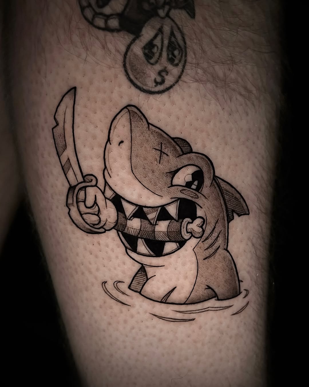 Rubberhose-style shark with knife, bold linework.