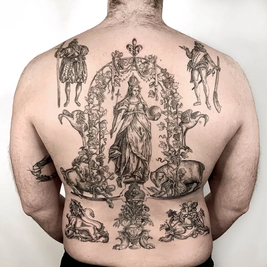 Intricate engraving-style backpiece featuring crowned queen amid vines