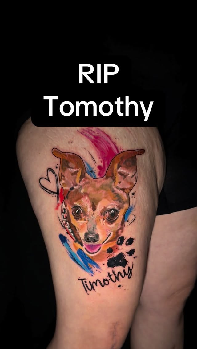 Vibrant watercolor dog portrait memorial with splashy color