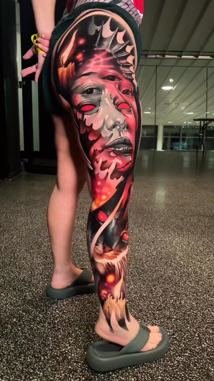 Dramatic surreal leg-sleeve portrait dissolving into flames