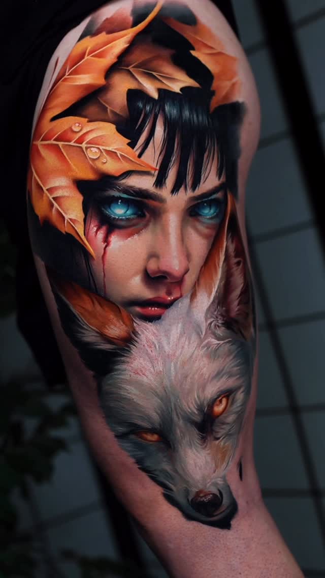 Hyper-realistic portrait of a woman with autumn leaves and a wolf