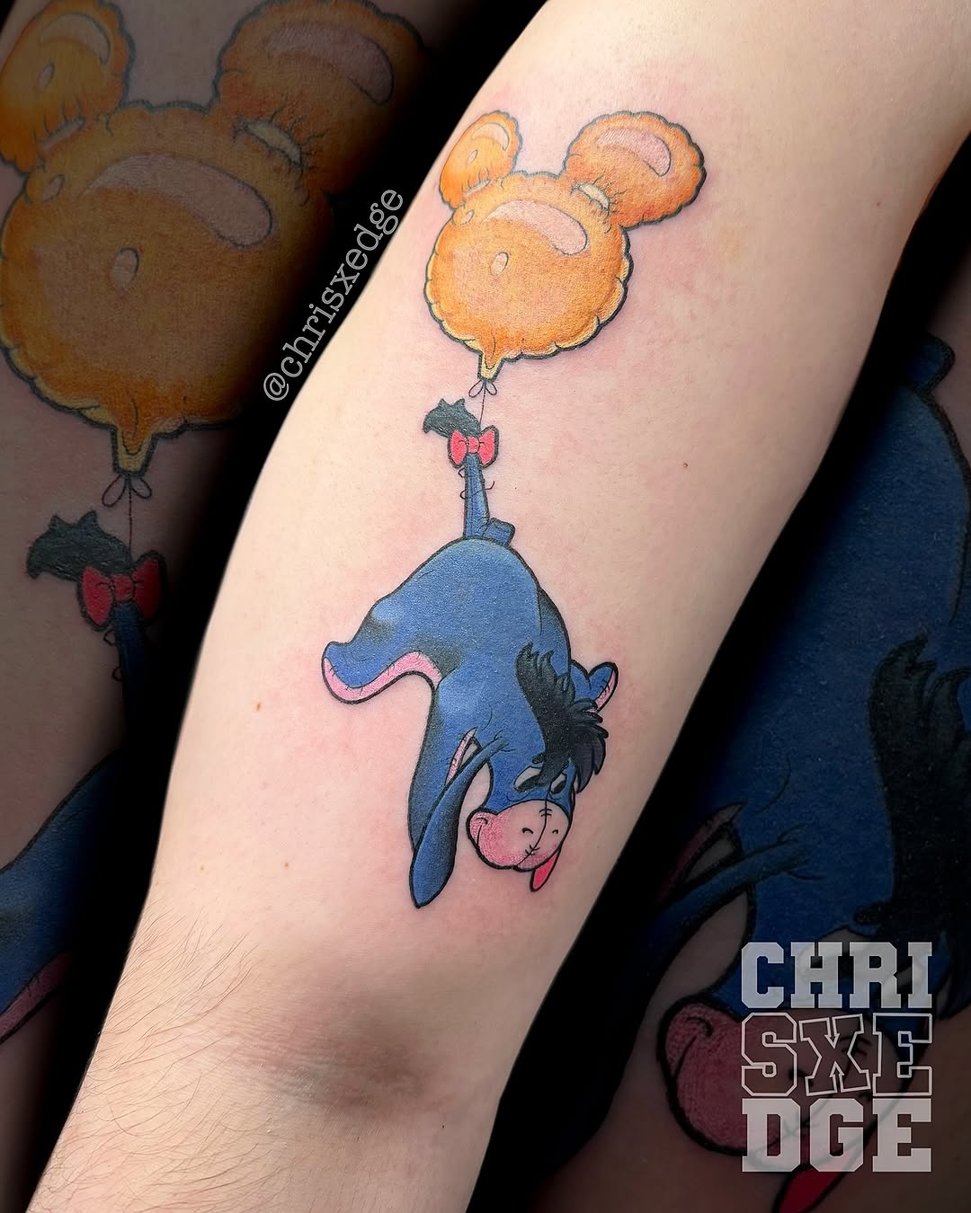 Playful Eeyore lifted by bold yellow balloons.