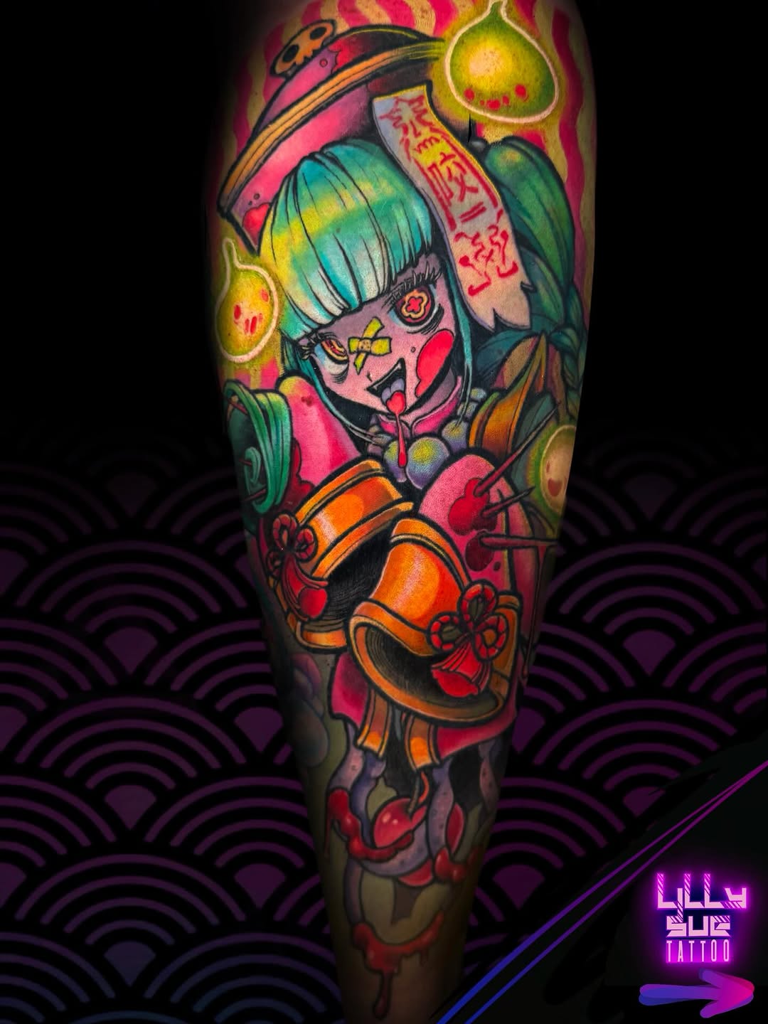 Vivid jiangshi-inspired neon cartoon leg sleeve