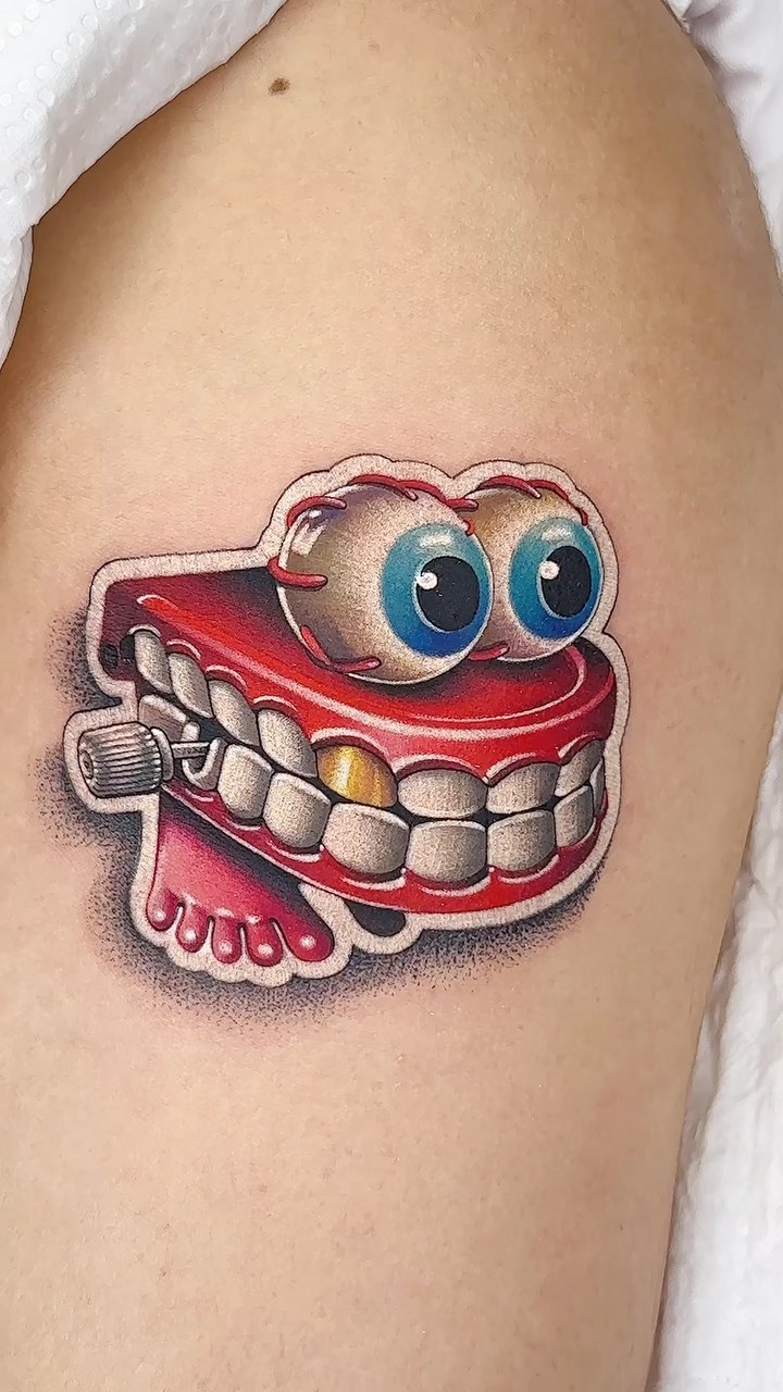 Whimsical cartoon tooth with braces and googly eyes