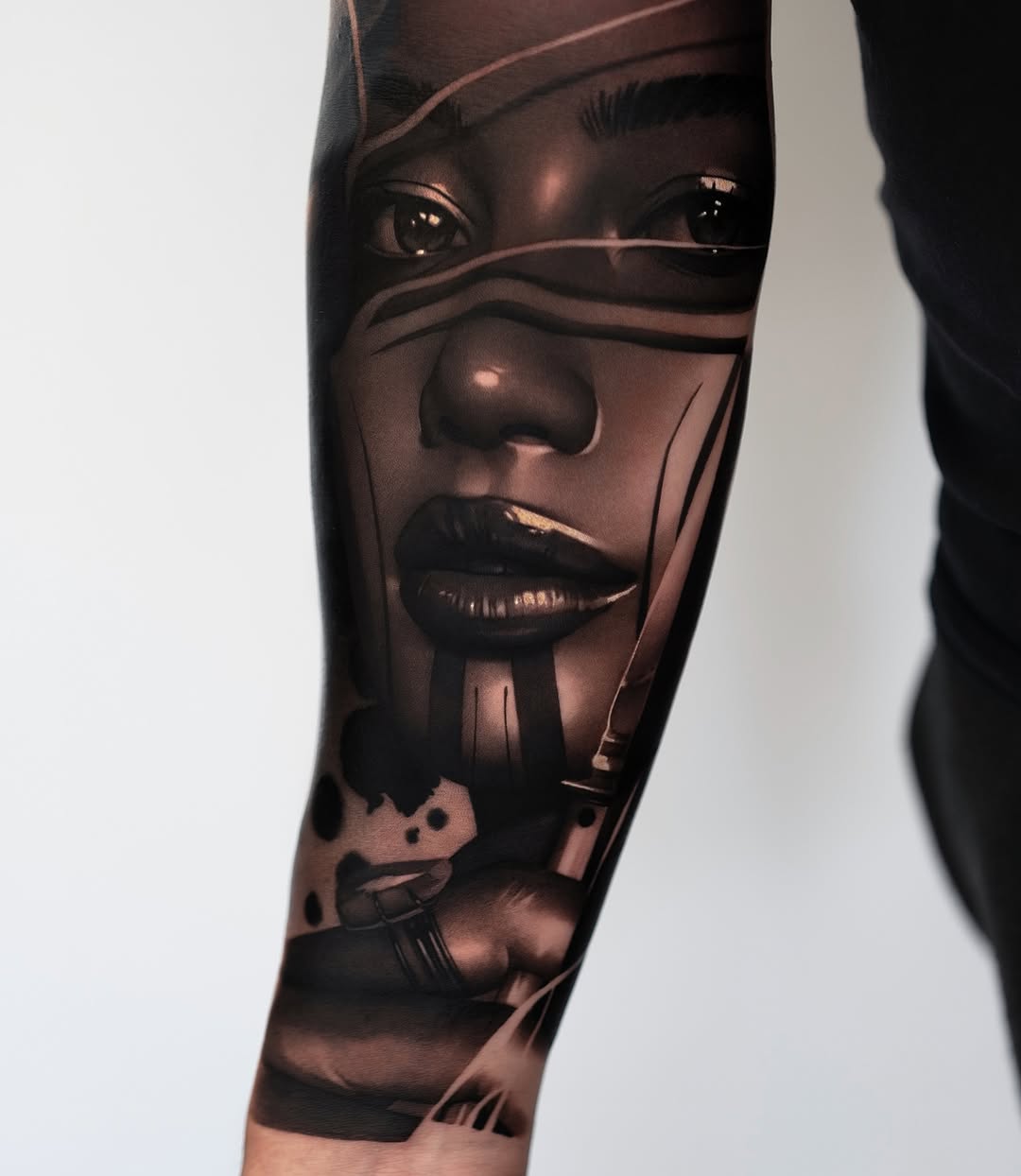 Hyper-realistic grayscale portrait sleeve with abstract accents