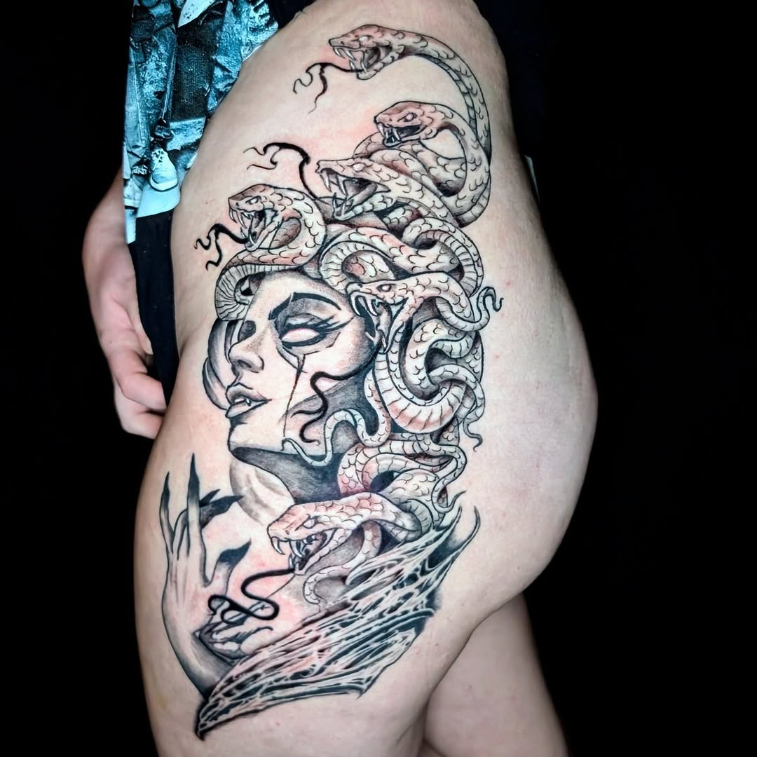 Healed Medusa portrait with twisting snakes in grayscale realism