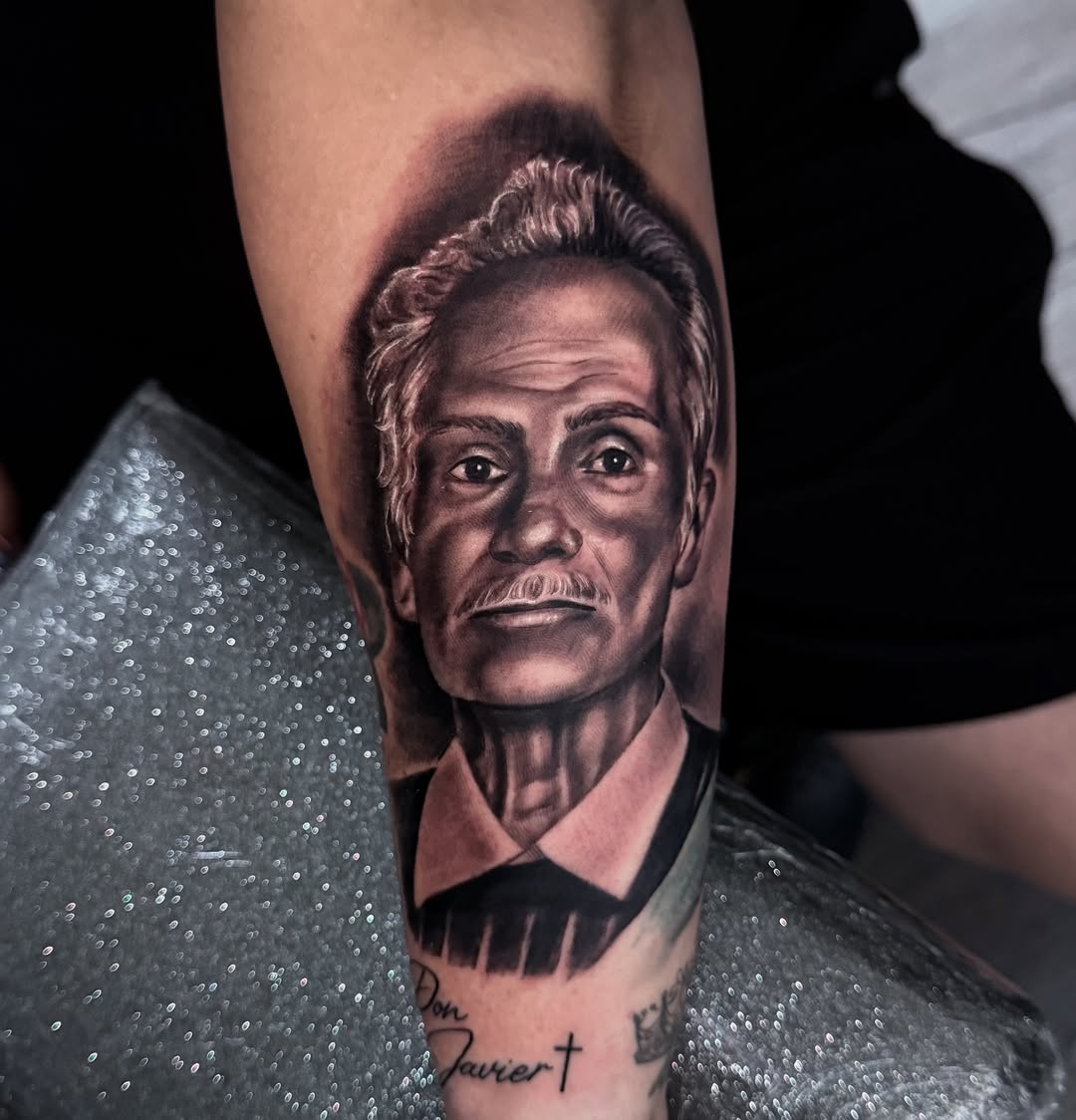 Hyper-real grayscale portrait memorializing a beloved father.