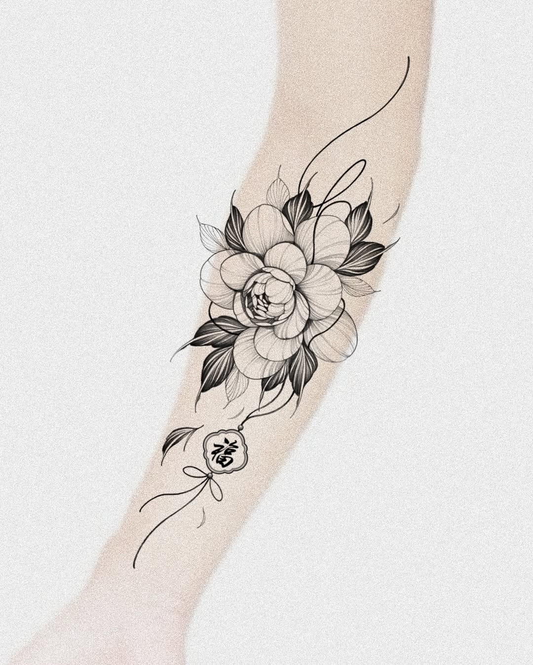 Elegant blackline floral cluster with a kanji pendant