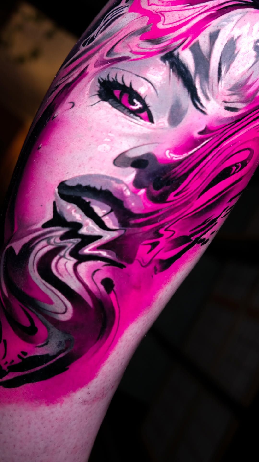 Vibrant pink-and-black pop-art portrait with flowing hair