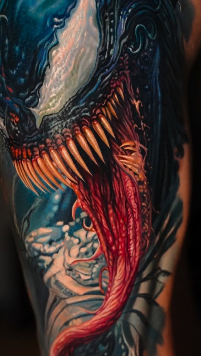 Hyper-detailed Venom maw bursts with color and menace.