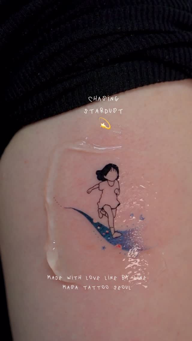 Delicate line-drawn girl leaping over curling blue wave