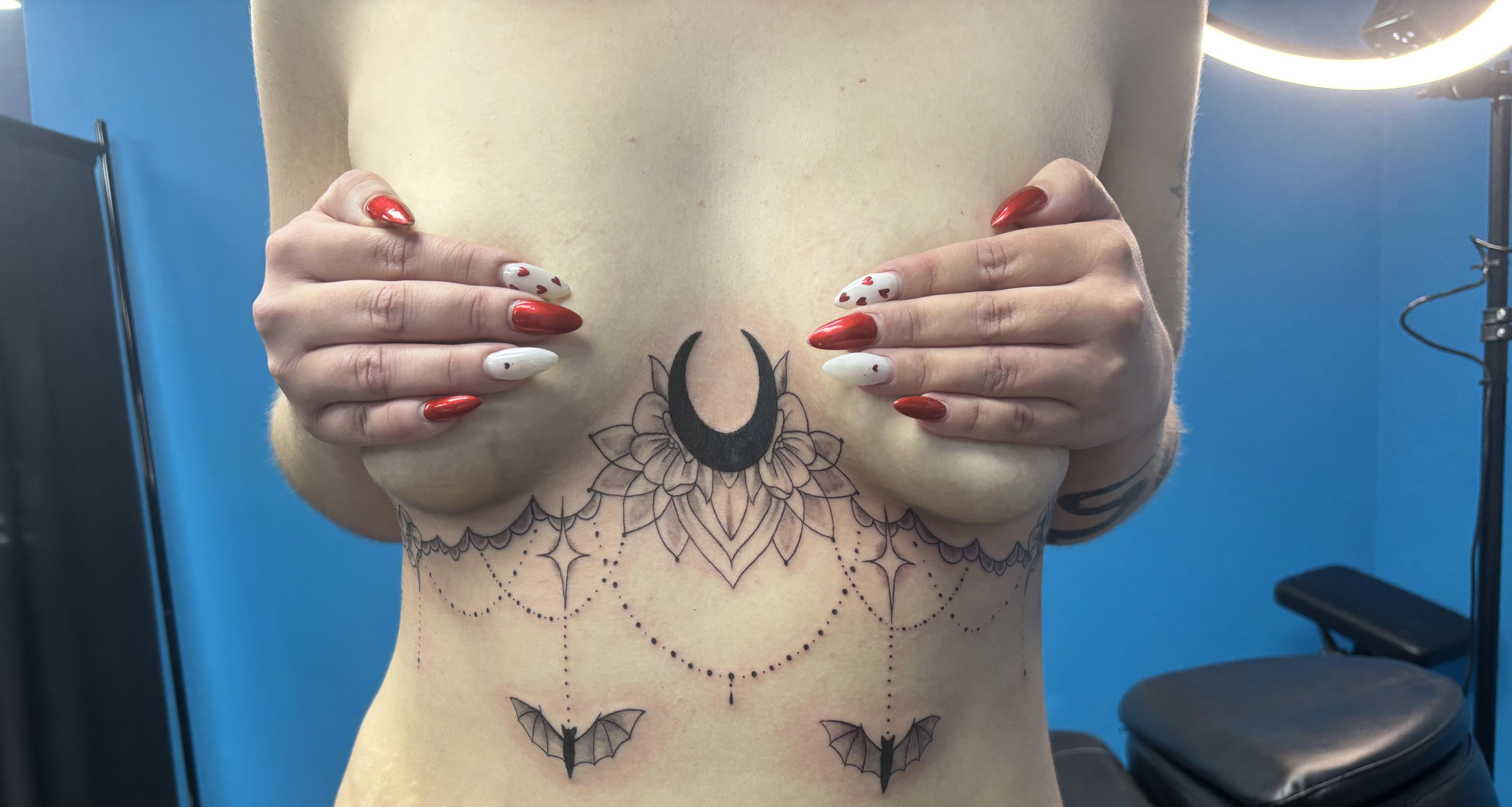 Moon-centered floral mandala with dotwork bead-chains and bats