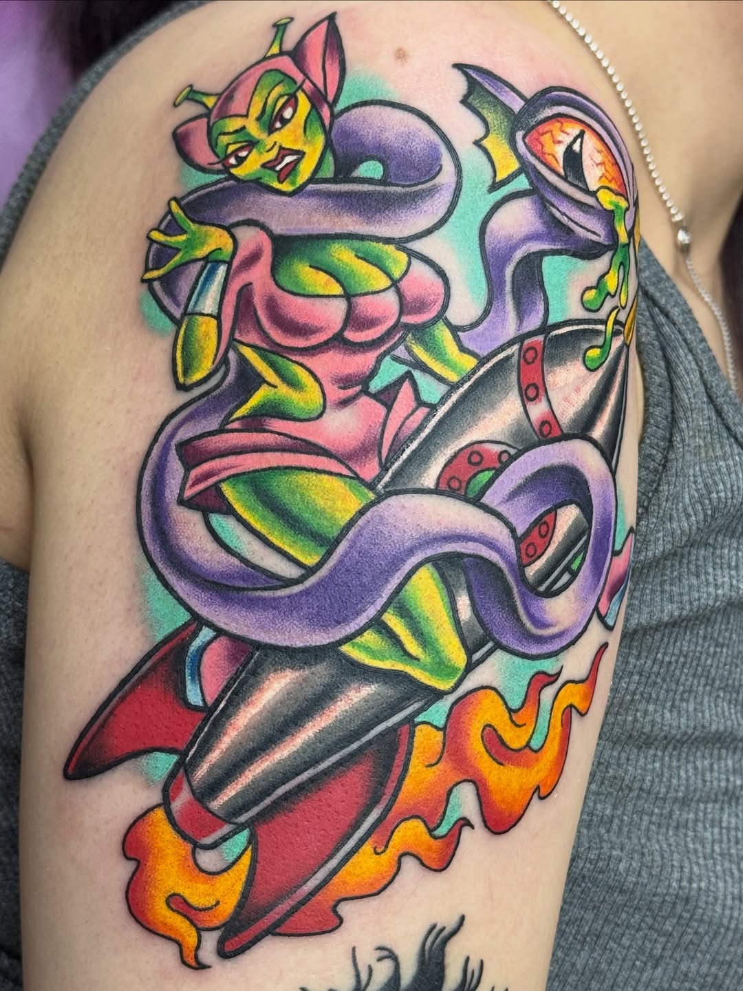 Vibrant neo-traditional alien girl with flaming sword.