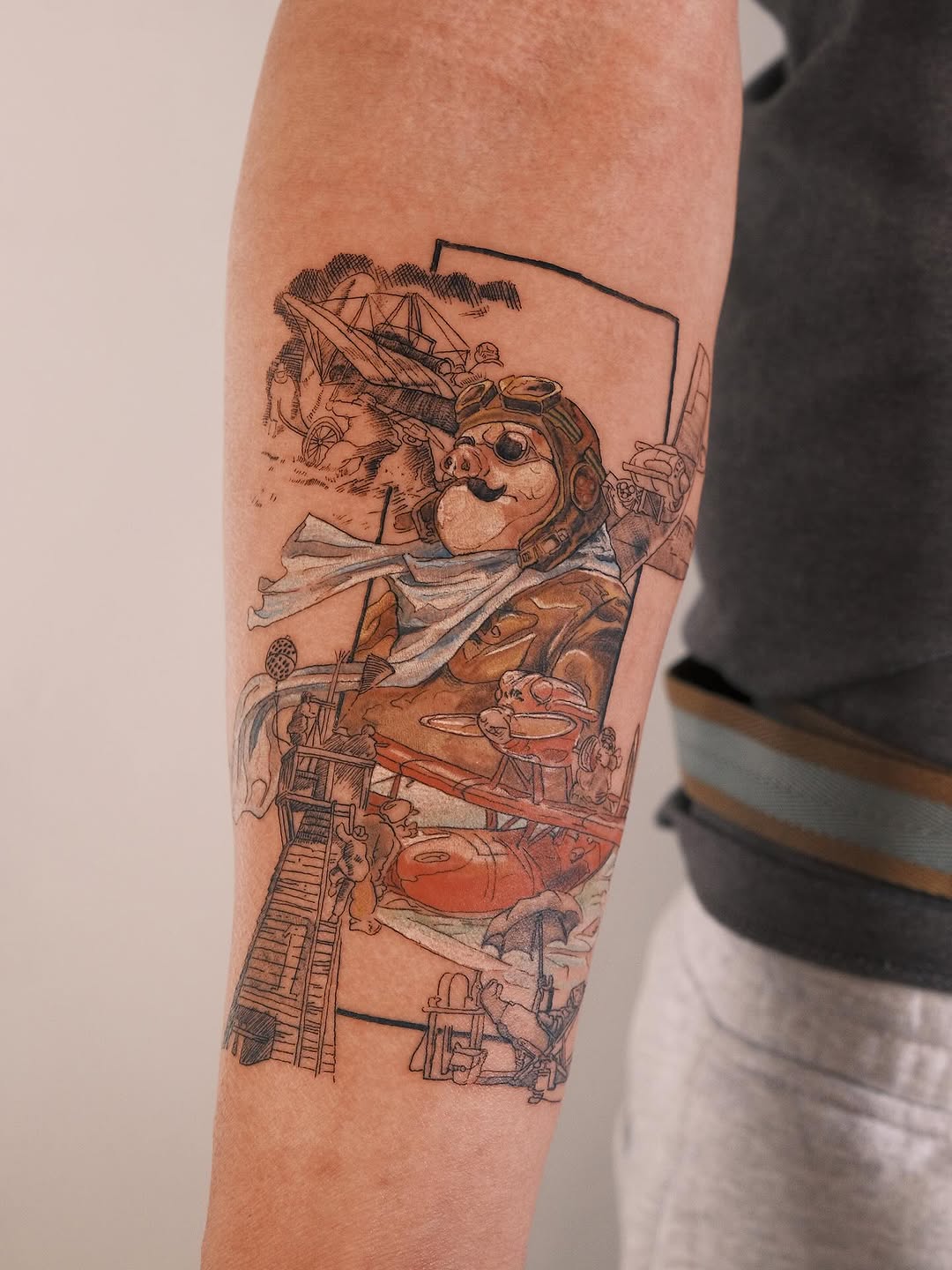 Porco Rosso-inspired pig pilot amid vintage aerial machinery