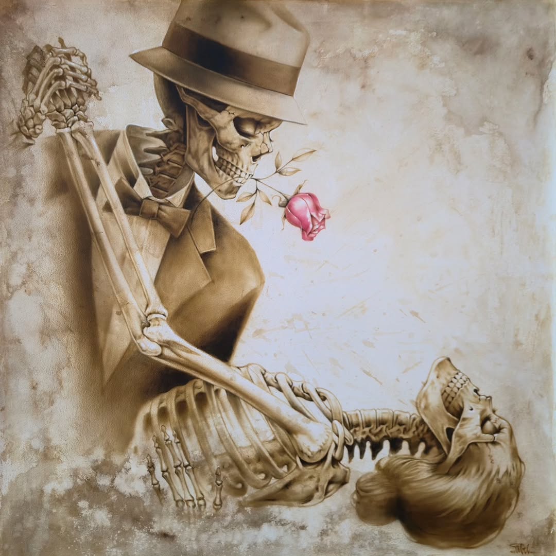 Elegant skeleton in fedora and suit, rose in teeth
