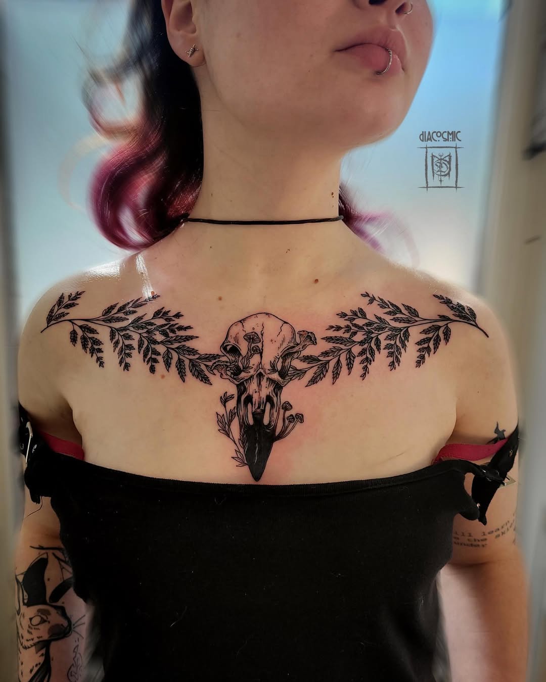 Intricate chest piece: deer skull with botanical wreath