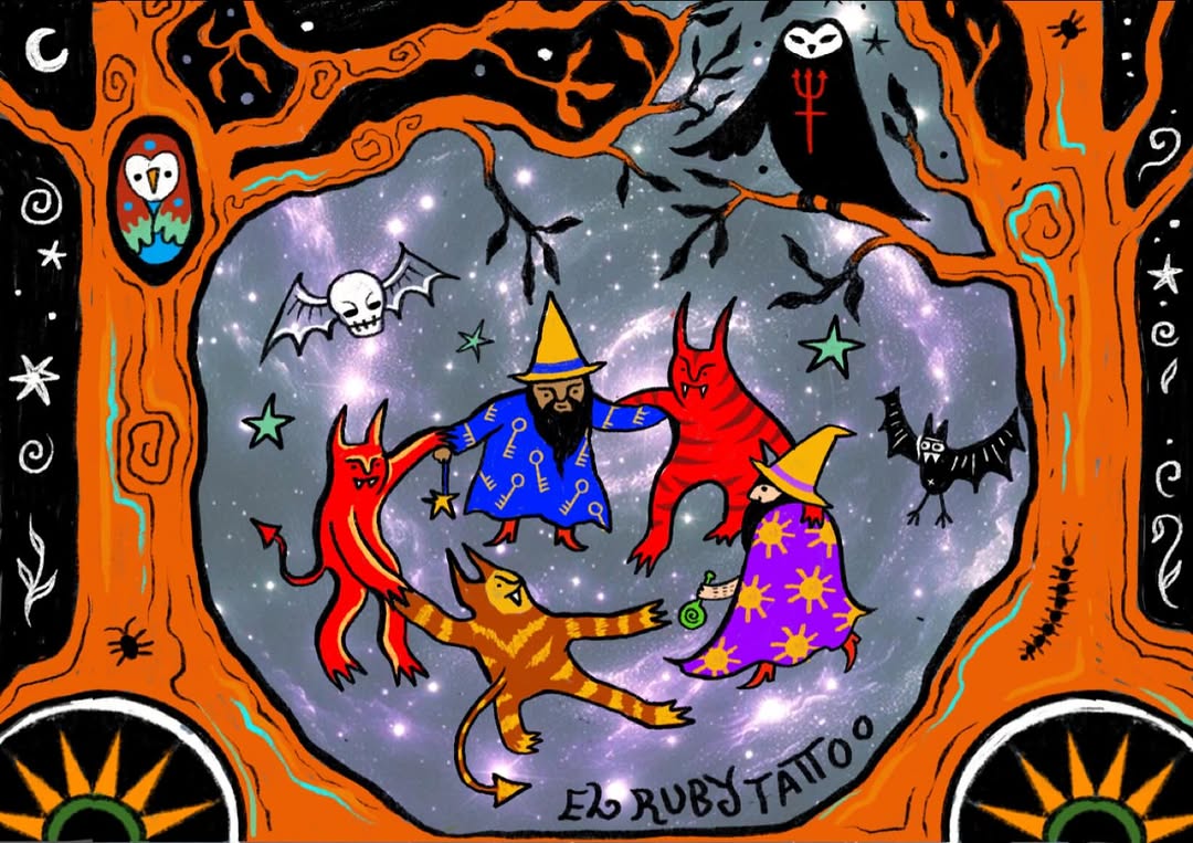 Whimsical cosmic circle tattoo with witches, demons, cats