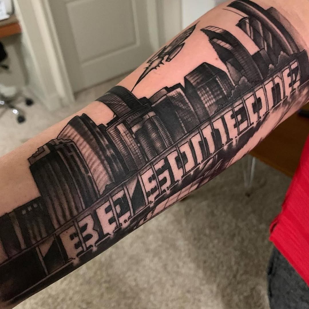 Bold black skyline wrap with dense shading and lettering.