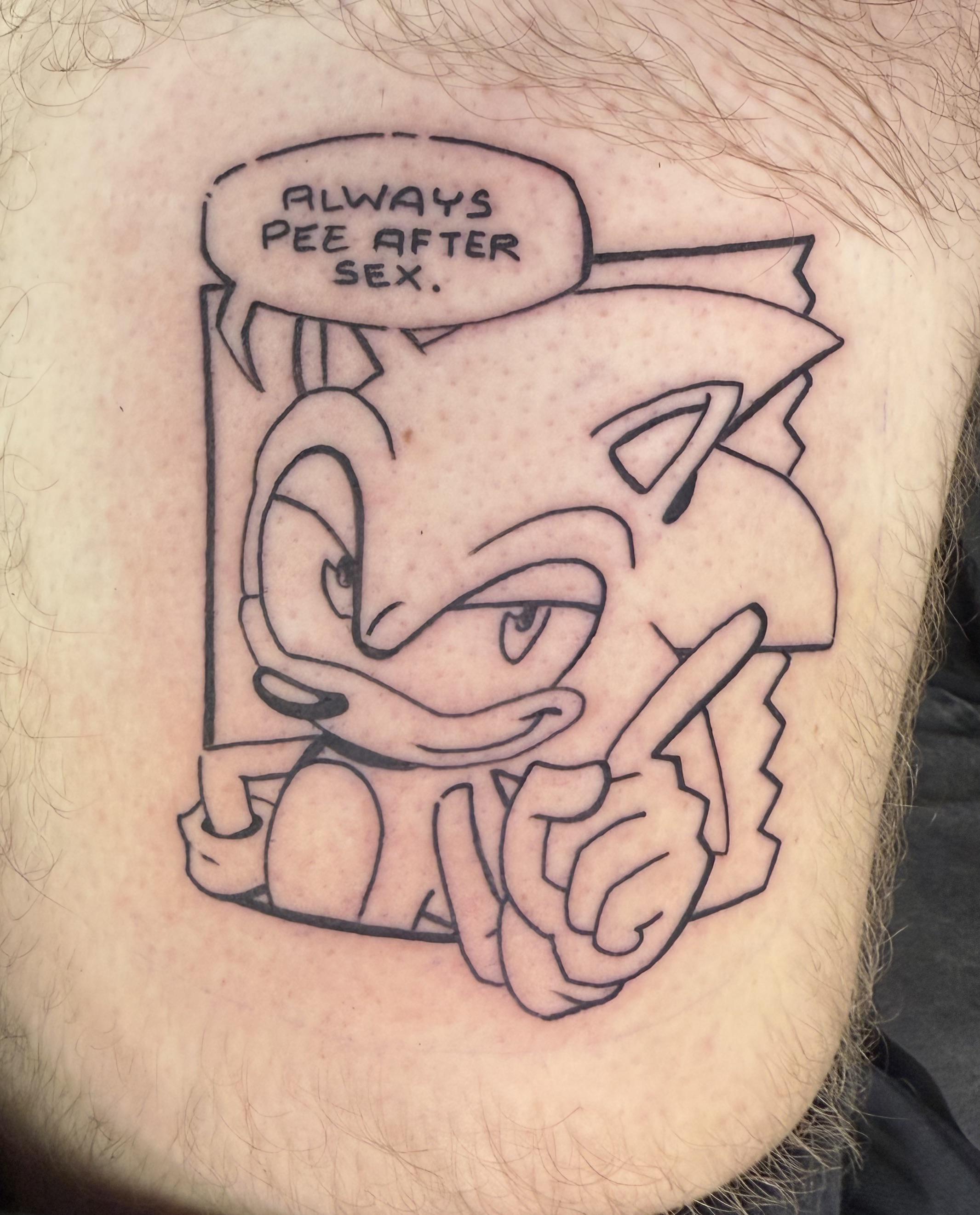 Bold outlined Sonic portrait with cheeky speech bubble.