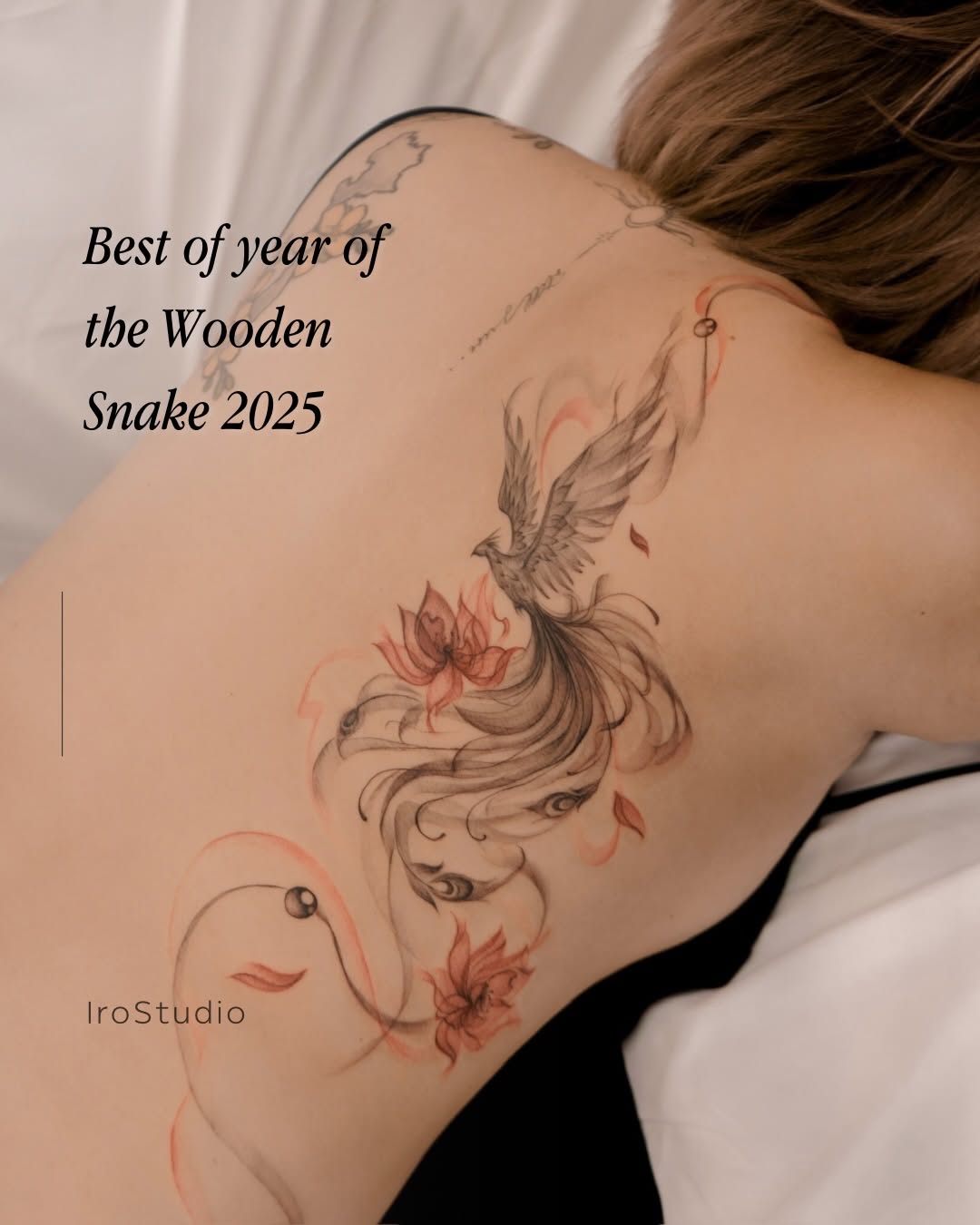 Elegant black-and-gray bird with flaming floral accents