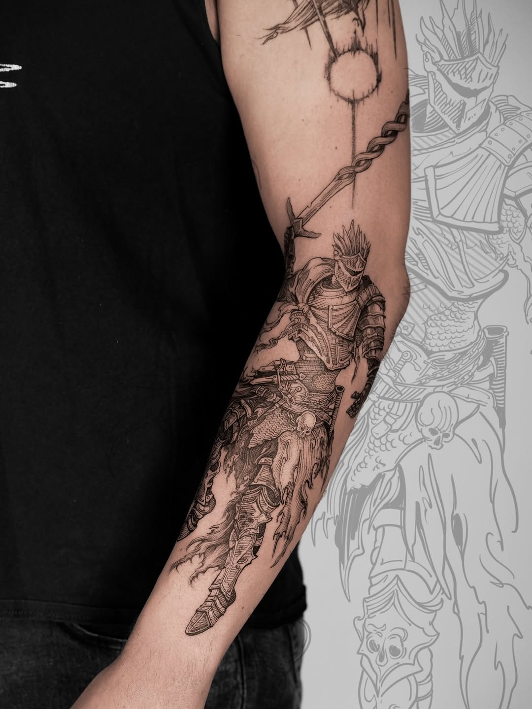 Intricate blackwork knight sleeve with chained weapon motif