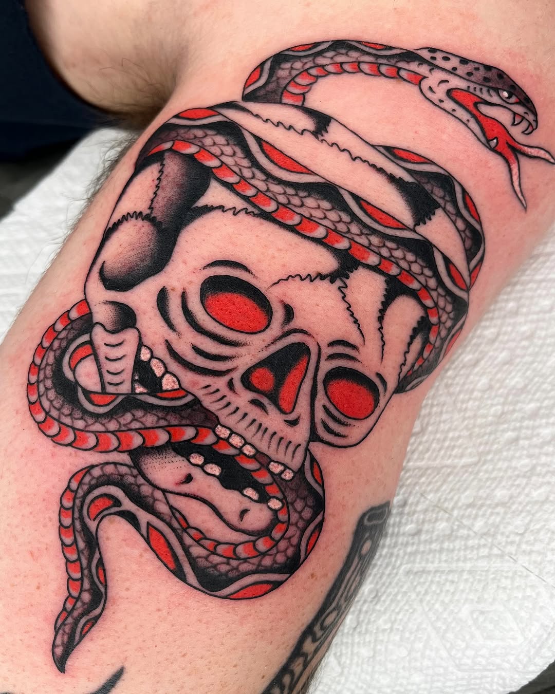 Bold skull with a coiled red snake, traditional style