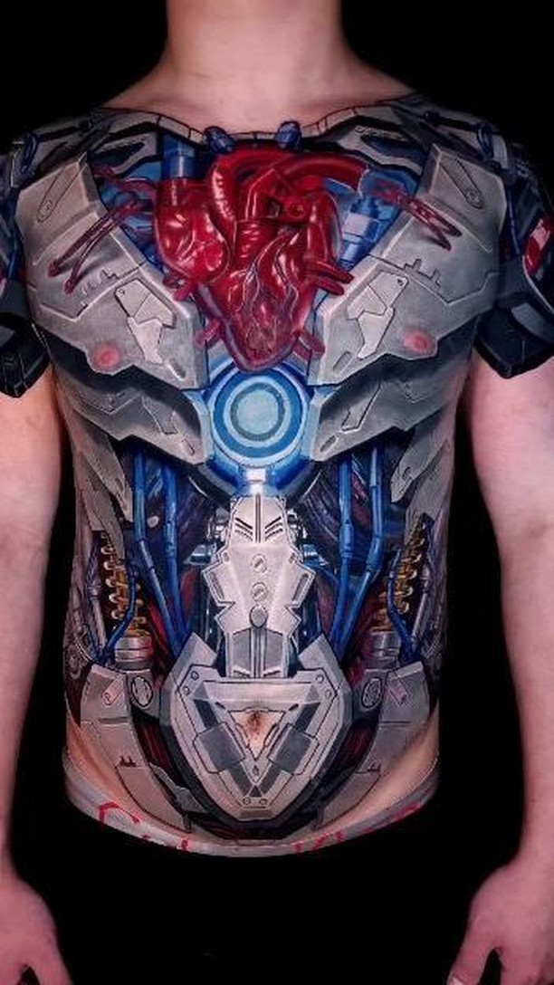 Hyper-detailed biomechanical chest piece with glowing core and armor.