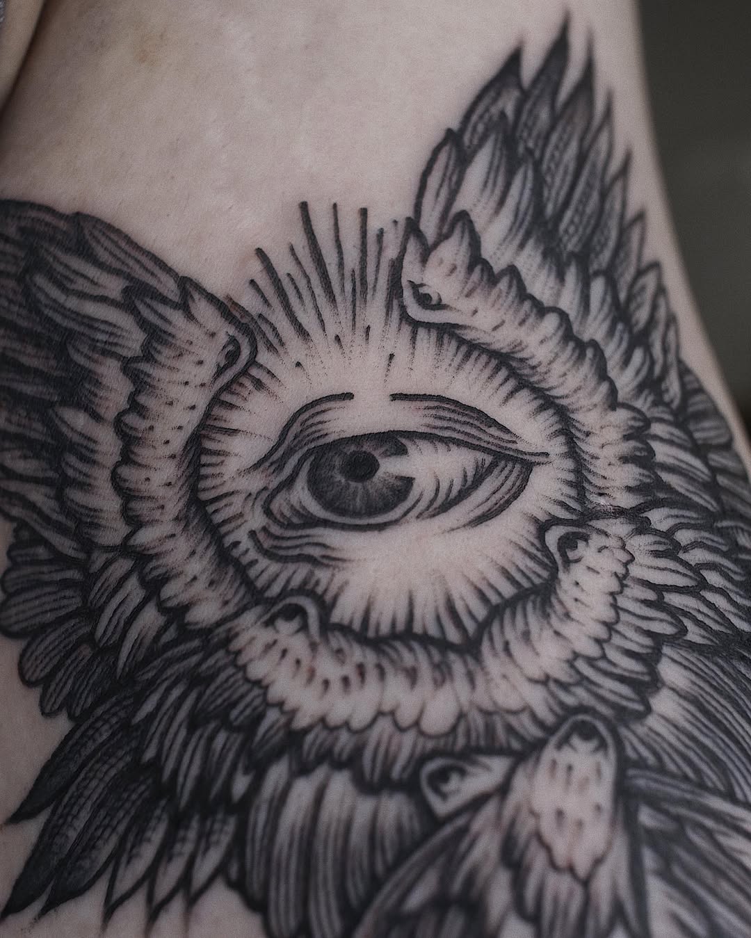 Intricate blackwork eye encircled by feathered radiance.