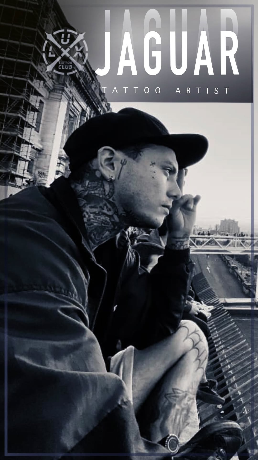 Profile of tattoo artist with bold neck and hand ink