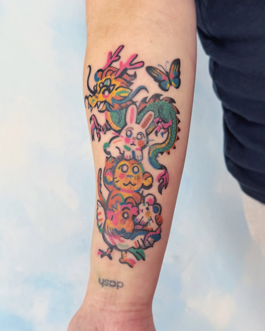 Playful neon zodiac stack with bold outlines