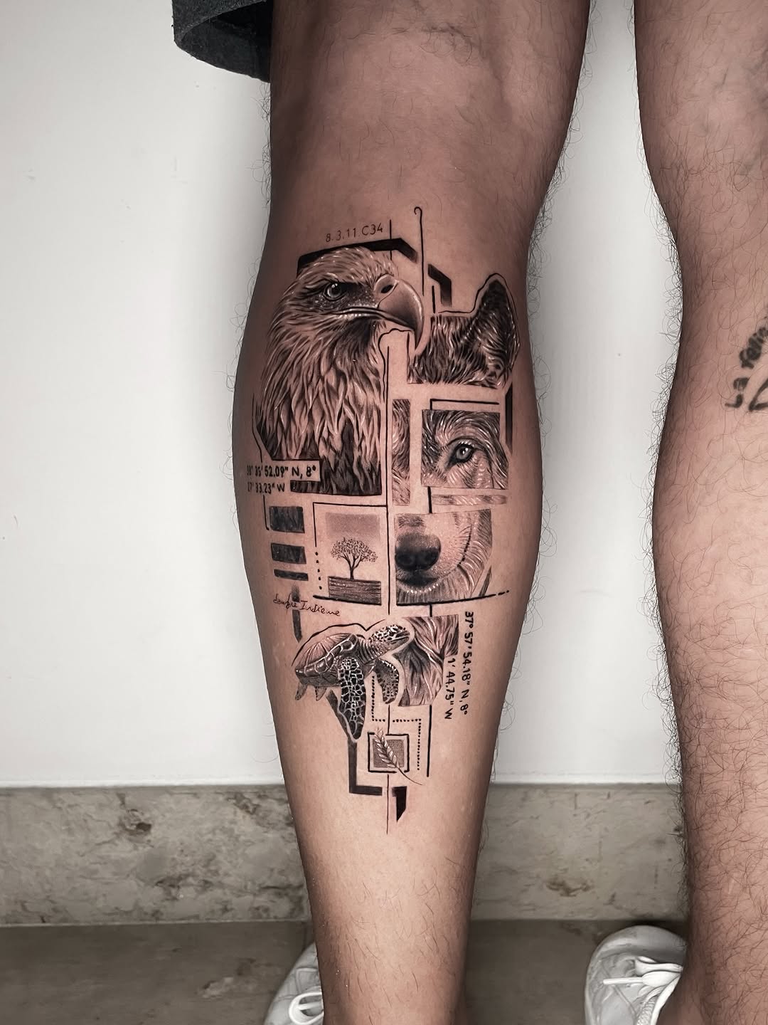 Geometric black-and-gray collage tattoo with eagle and panels