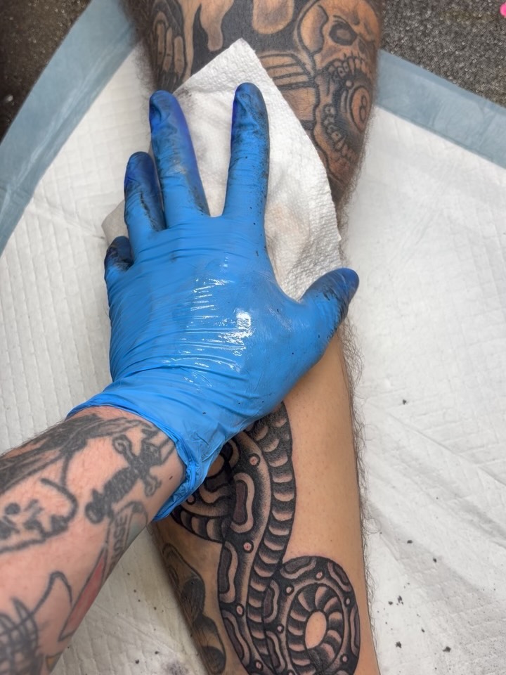 Bold blackwork snake wrap with textured scales along leg.