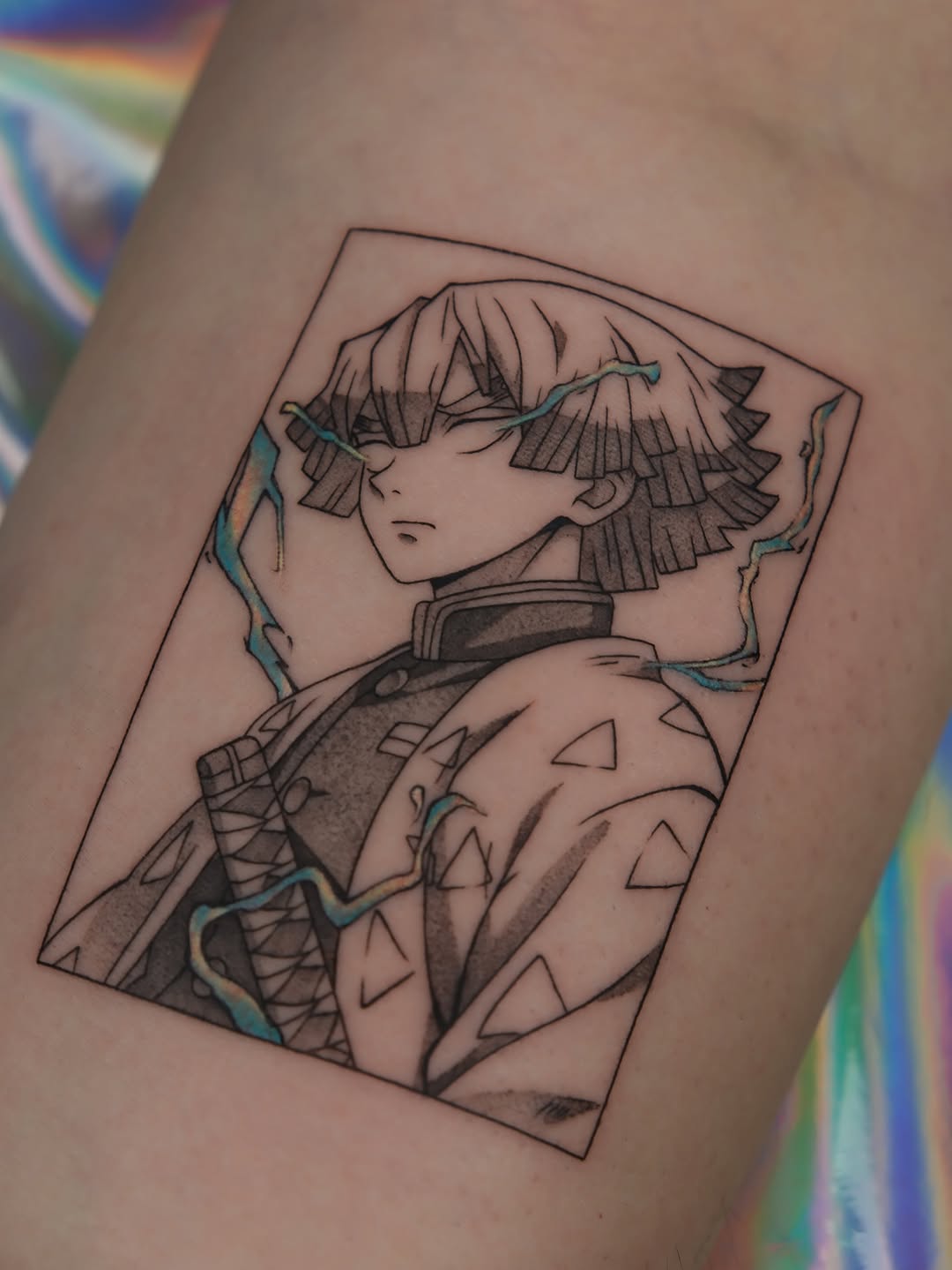 Framed blackline portrait of Zenitsu with electric aura