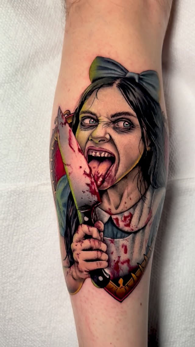 Neo-realistic Alice portrait with blood-smeared knife and bow