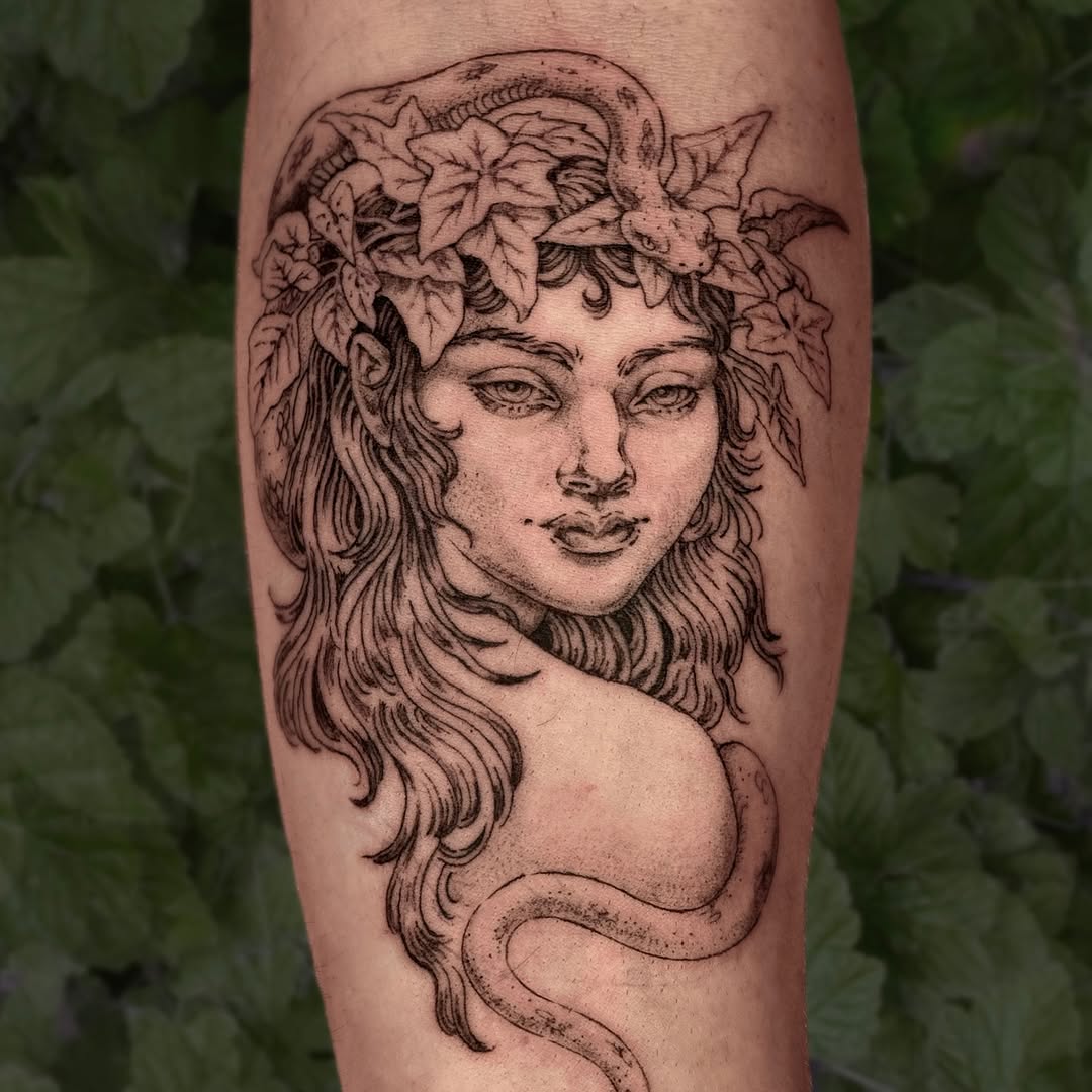 Portrait-length forest-nymph with ivy crown wrapped by serpent.