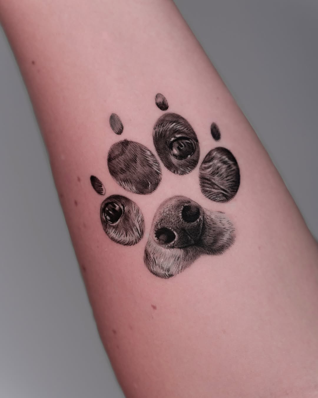 Realistic dog paw print in bold blackwork shading