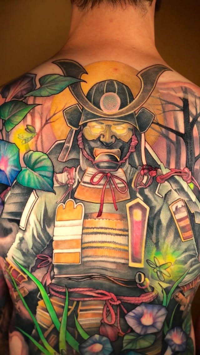 Vibrant samurai armor backpiece with lush garden backdrop